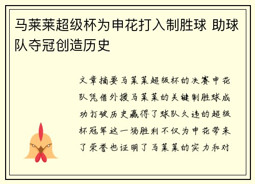 马莱莱超级杯为申花打入制胜球 助球队夺冠创造历史